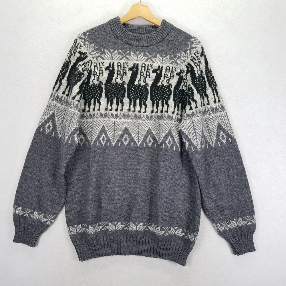 Alpaca Finish Vintage Llama Fair Isle Knit Sweater Mens M Gray Peru Gorpcore